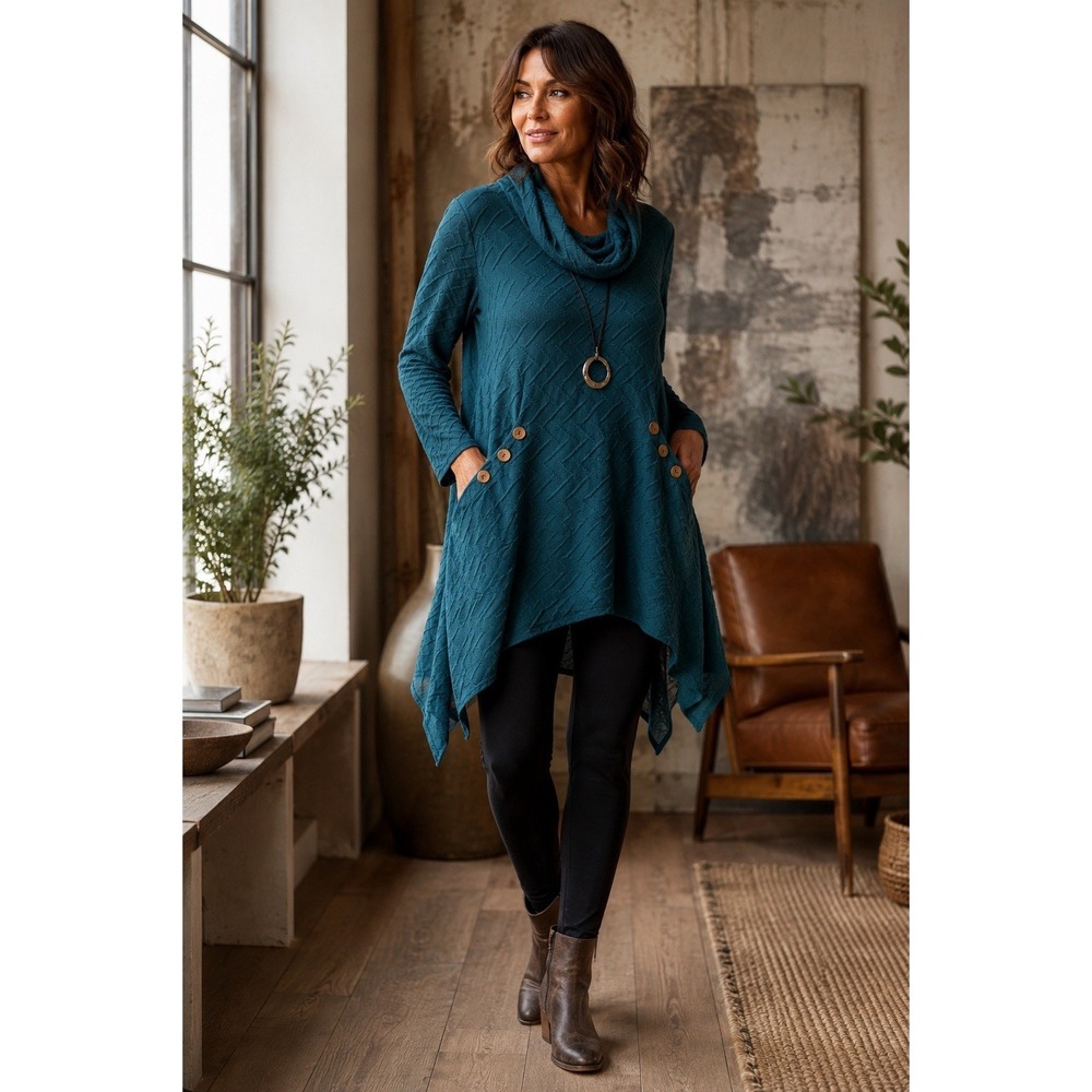 Zim & Zoe Teal Textured Cowl Neck Tunic Women's 16 Sharkbite Hem Pocket
